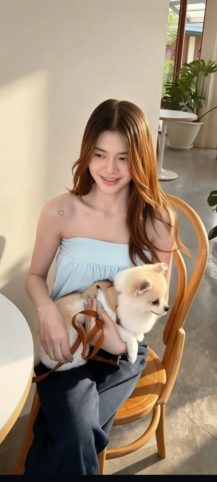 วุ้นเส้นนั่งอุ้มปุยปุยในคาเฟ่
